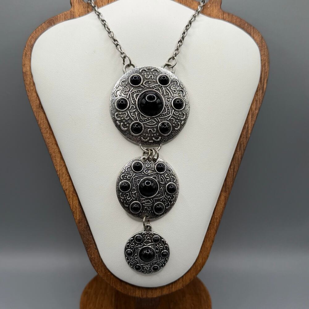 Boho Silver Black Medallion Drop Necklace